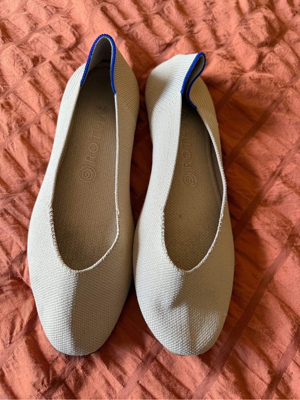Rothy's Beige Knit Ballet Flats with Blue Trim